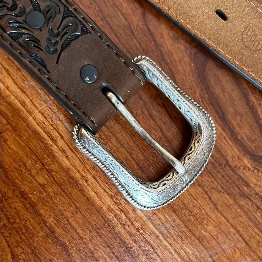 3D Belt Company Brown Leather Belt with silver buckle and cow hide studded style